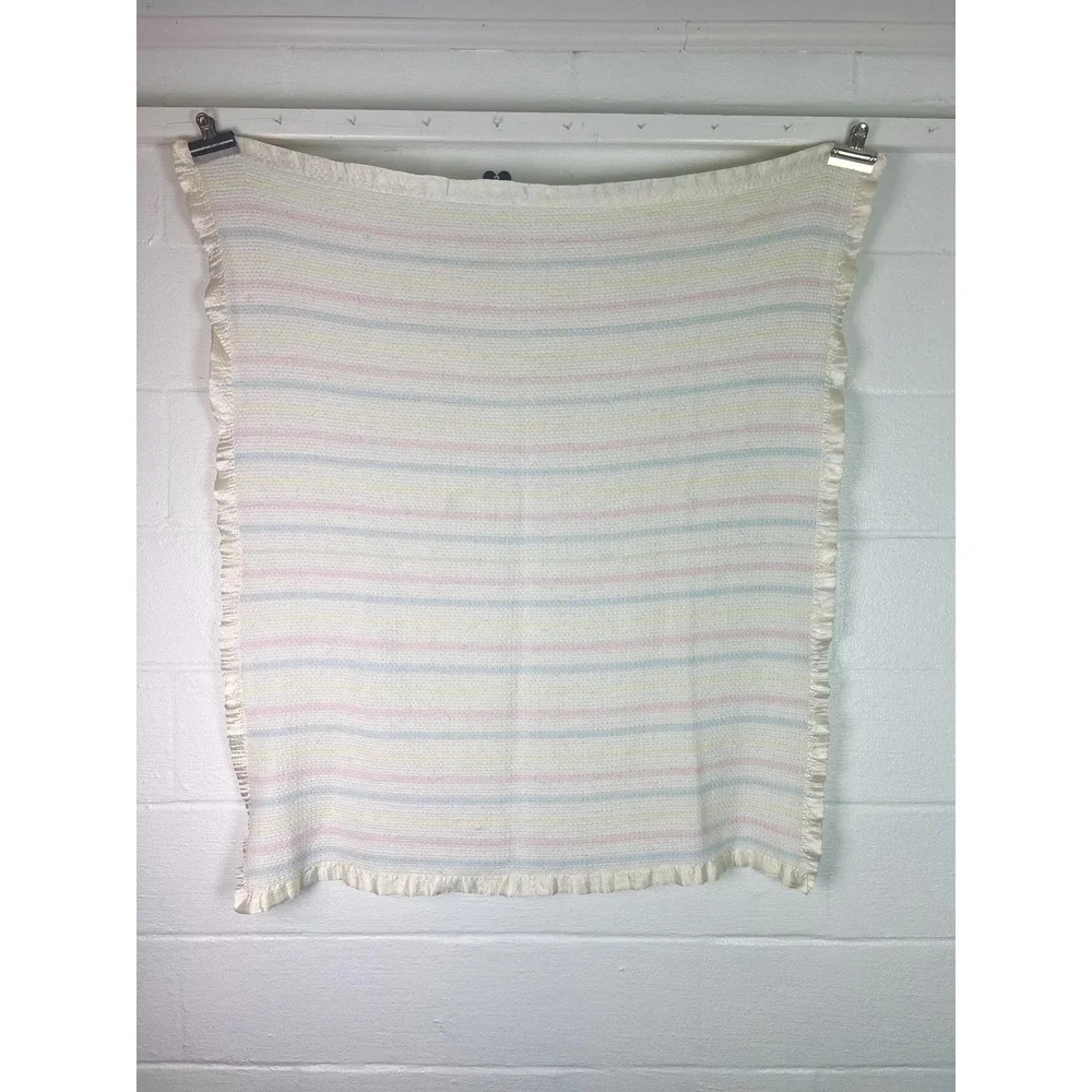 Vintage Chatham Acrylic Baby Blanket Waffle Weave Pastel Stripe Silky 